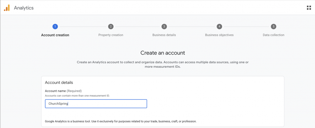 google analytics account creation